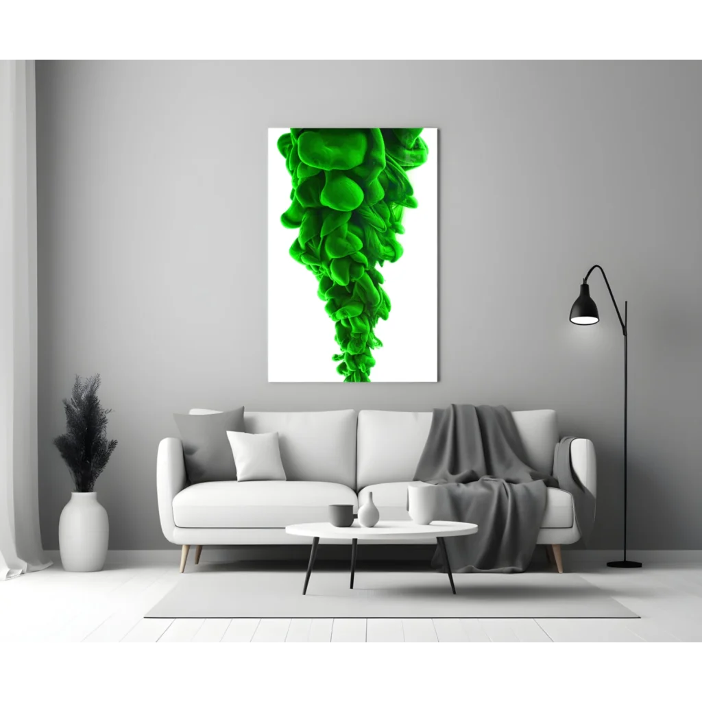 Vibrant green swirl glass wall art above white sofa