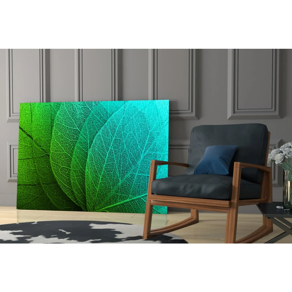 Vibrant green and teal tropical leaf canvas wall art with intricate vein details