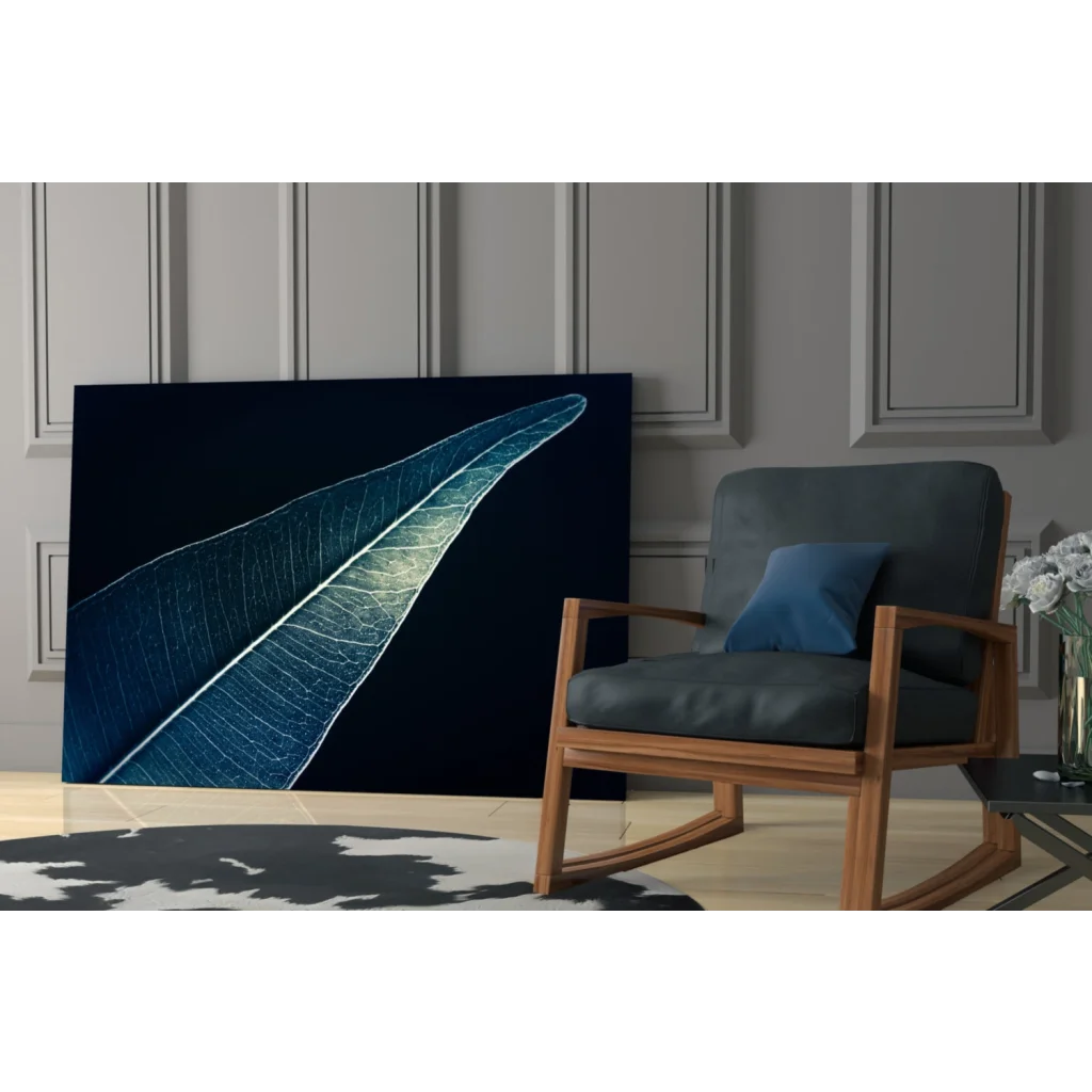 Stunning navy blue glowing leaf glass wall art print for home