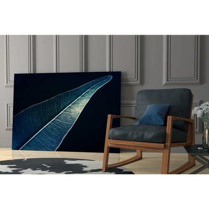 Stunning navy blue glowing leaf glass wall art print for home