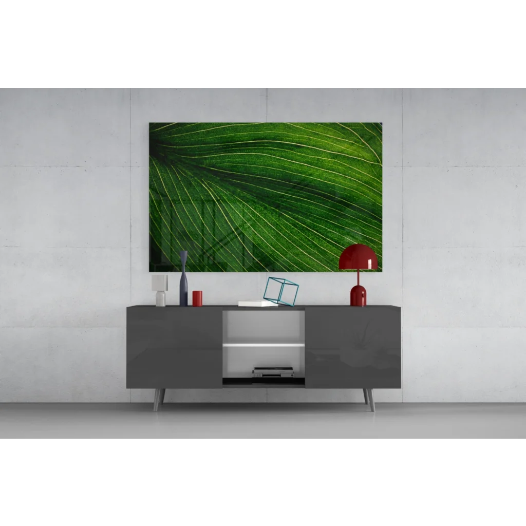 Vibrant green leaf macro in stunning glass wall art with vein detail