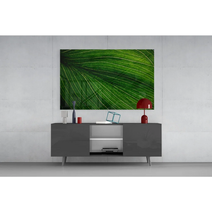 Vibrant green leaf macro in stunning glass wall art with vein detail
