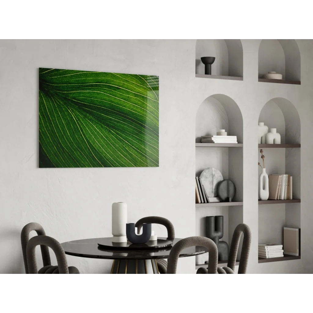 Vibrant green leaf glass wall art with intricate vein details