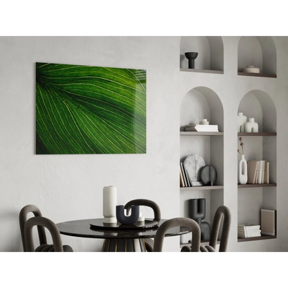 Vibrant green leaf glass wall art with intricate vein details