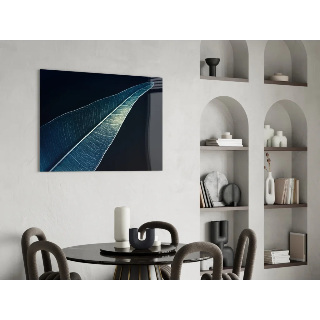 Sleek teal leaf glass wall art print with silver veins