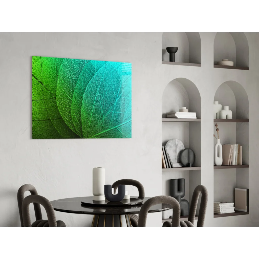 Vibrant green leaf wall art canvas with intricate teal vein patterns