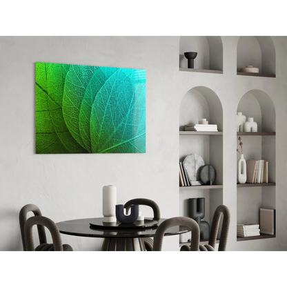 Vibrant green leaf wall art canvas with intricate teal vein patterns