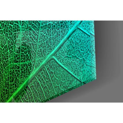 Vibrant teal and green tropical leaf canvas wall art with intricate veins