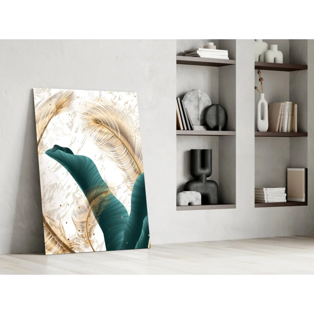 Stunning teal and gold feather wall art canvas print on textured white background