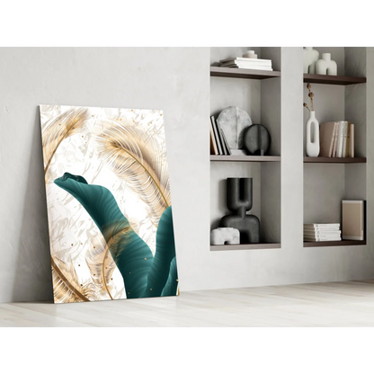 Stunning teal and gold feather wall art canvas print on textured white background