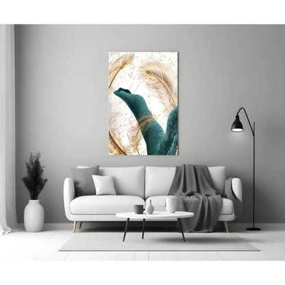 Stunning teal and gold feather wall art canvas print