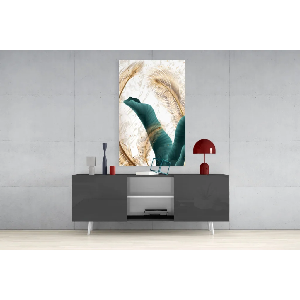 Modern teal and gold feather wall art canvas print on cream background