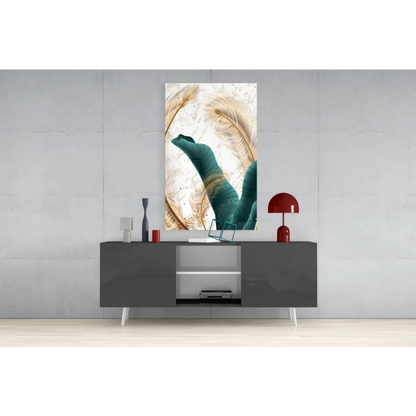 Modern teal and gold feather wall art canvas print on cream background