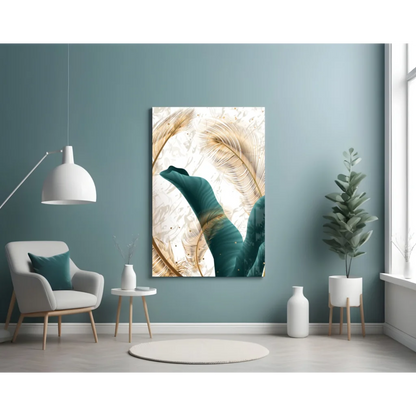 Stunning teal and gold feather wall art canvas print on white background