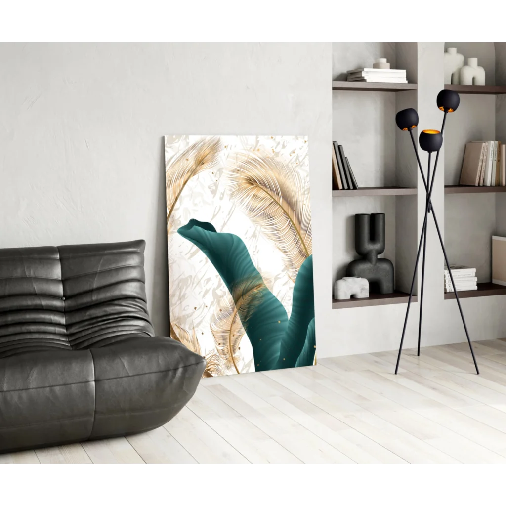 Stunning teal and gold feather wall art canvas print on textured background
