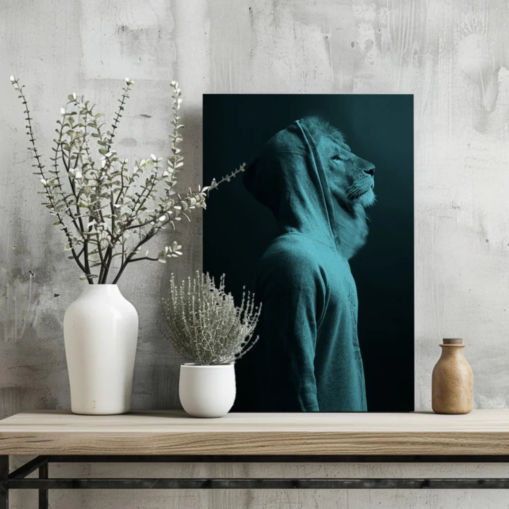 Teal hooded sweatshirt poster on Green Lion Canvas Art aluminum print