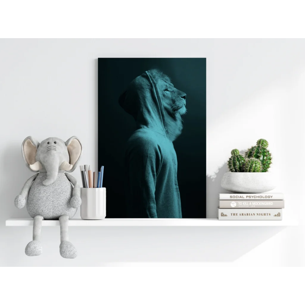 Gray elephant plush toy with floppy ears on white shelf