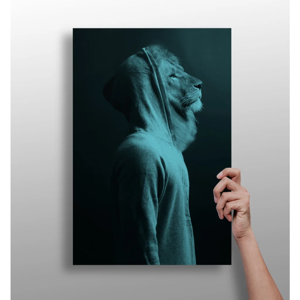 Teal hoodie with lion face design on green lion canvas art print