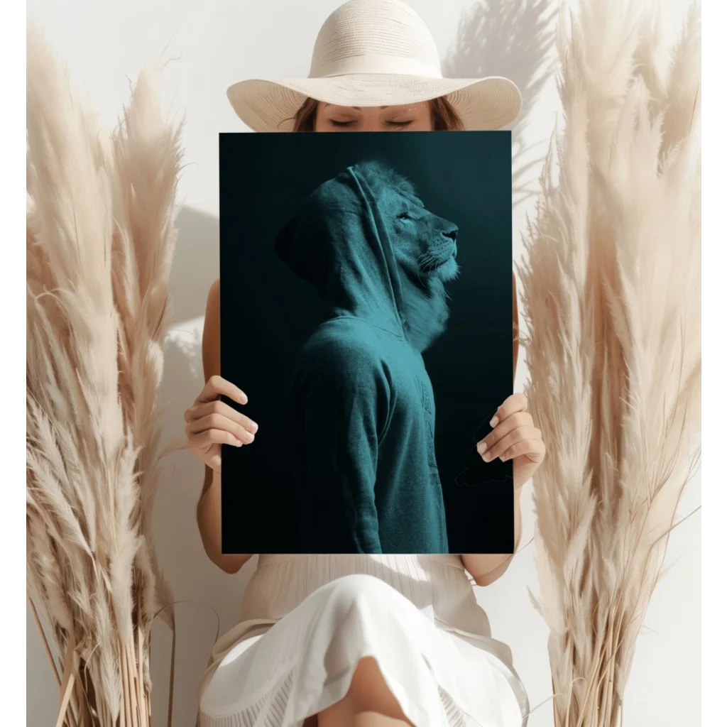 Teal lion hoodie with hood up on dark background