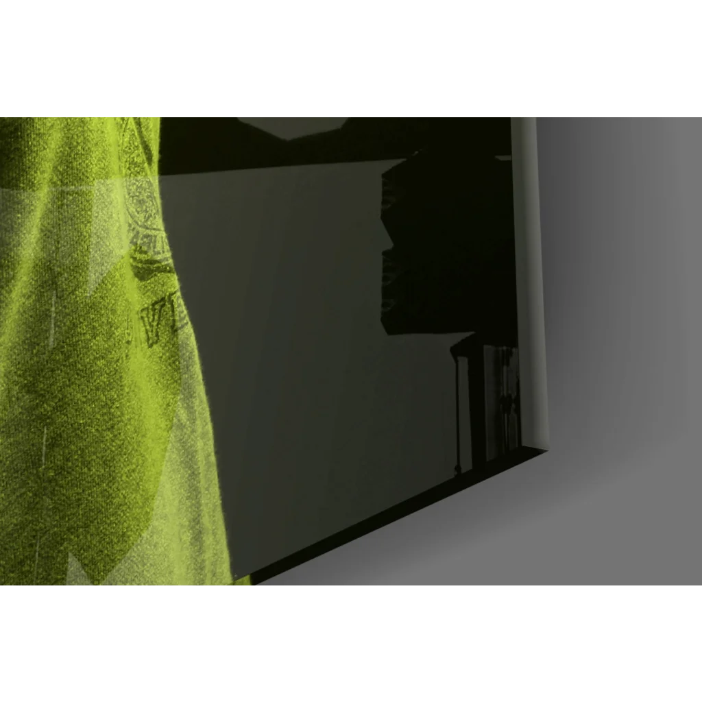 Vibrant lime green textured glass wall art with subtle logo print