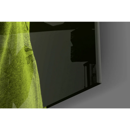 Vibrant lime green textured glass wall art with subtle logo print