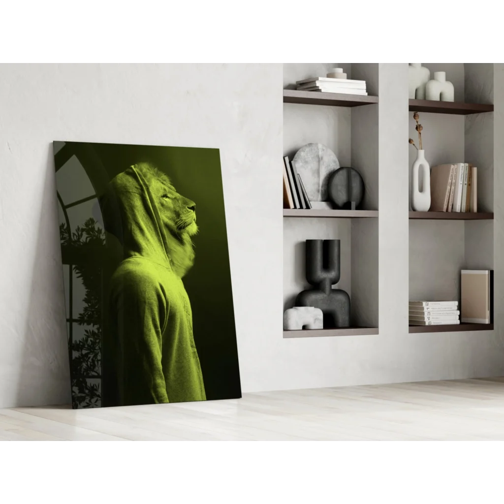 Striking lime green lion in hooded profile on glass wall art