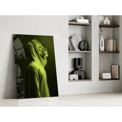 Striking lime green lion in hooded profile on glass wall art