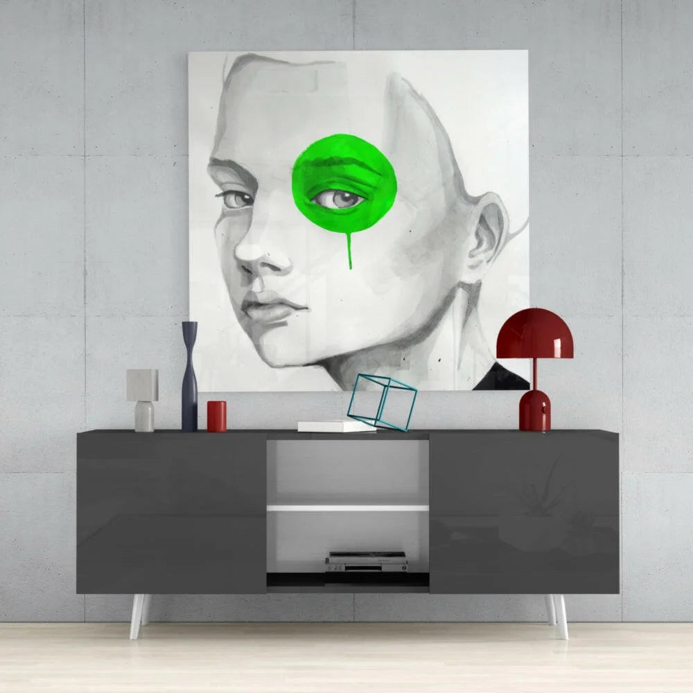 Bold green eye splash abstract wall art canvas portrait