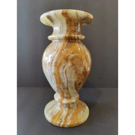 Polished 8-inch green onyx decorative vase with swirling brown and cream veining