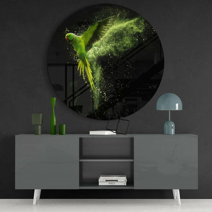 Stunning Green Parrot Tempered Glass Art in Dynamic Flight | Contemporary Home Wall Art | vintageantiquesgifts.com