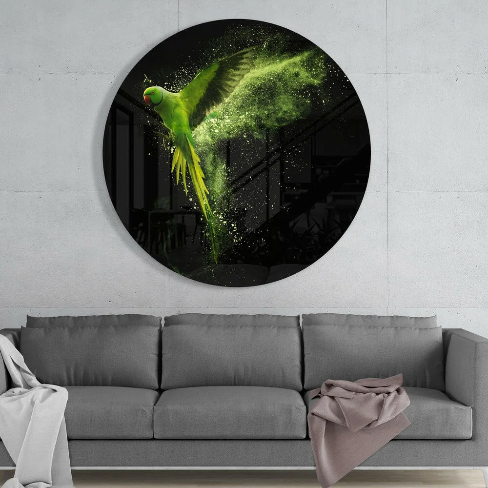 Stunning Green Parrot Tempered Glass Art in Dynamic Flight | Glass Wall Art Print | vintageantiquesgifts.com
