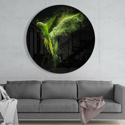 Stunning Green Parrot Tempered Glass Art in Dynamic Flight | Glass Wall Art Print | vintageantiquesgifts.com