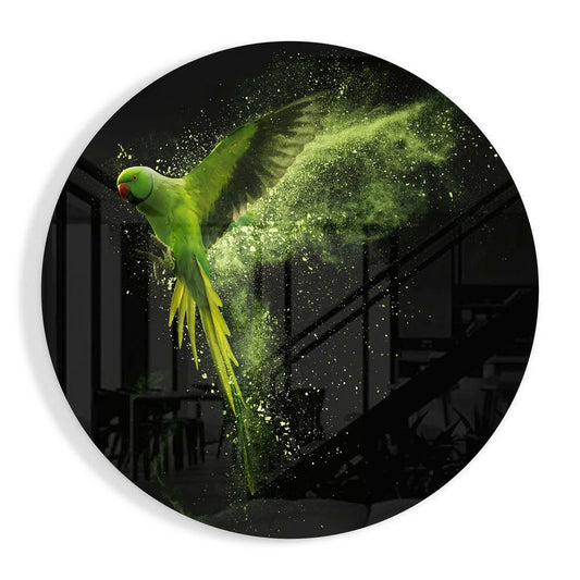 Vibrant green parrot in dynamic flight on tempered glass art