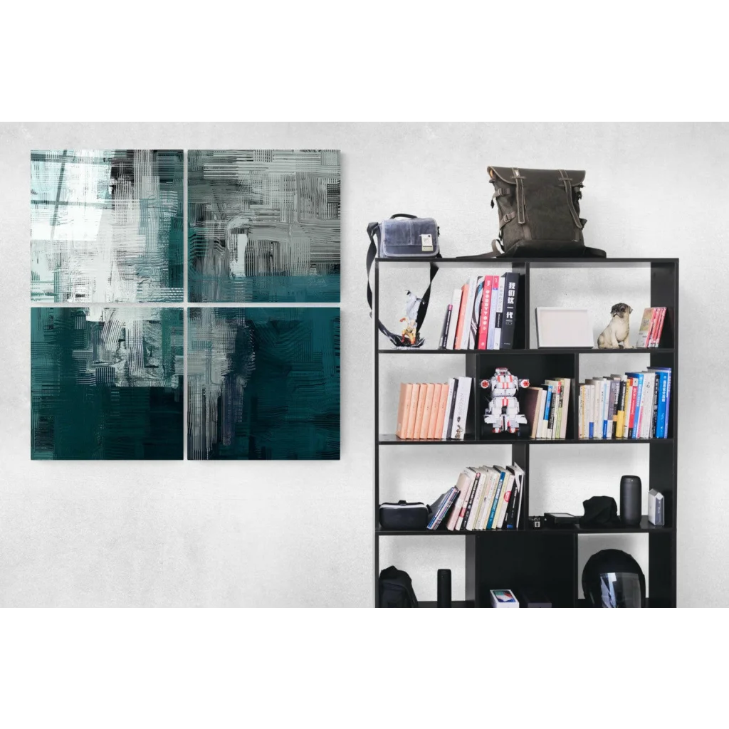 Teal abstract glass wall art four-panel set with layered brushstrokes