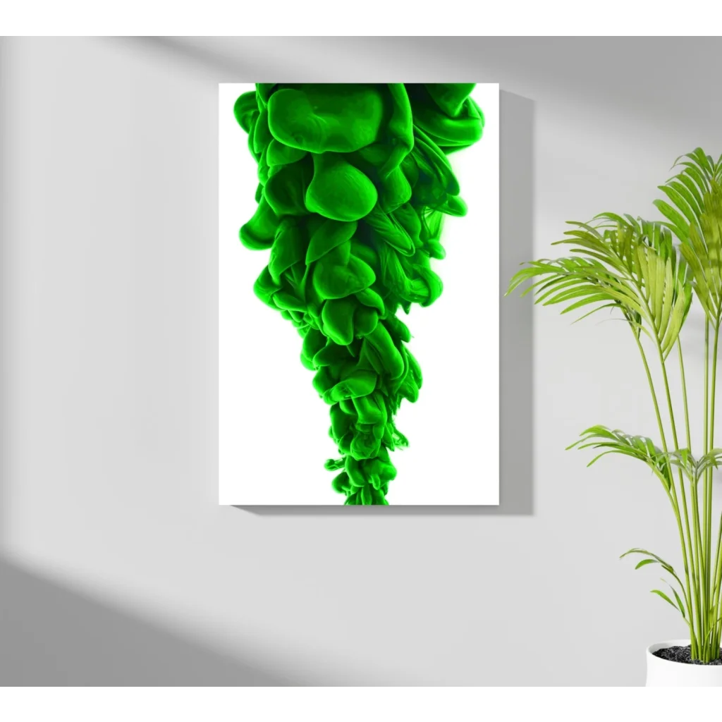 Vibrant green ink swirl insigne aluminum print on white wall