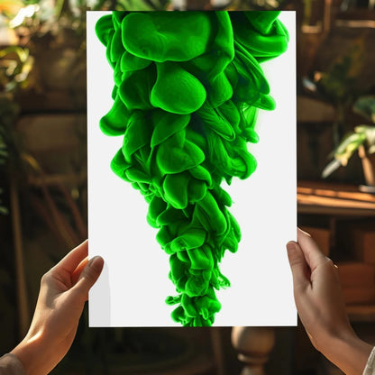 Vibrant green ink swirl photo held by hands on sleek 16x11 insigne aluminum print