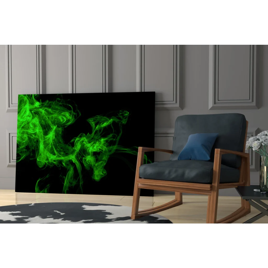 Vibrant neon green smoke glass wall art on black canvas