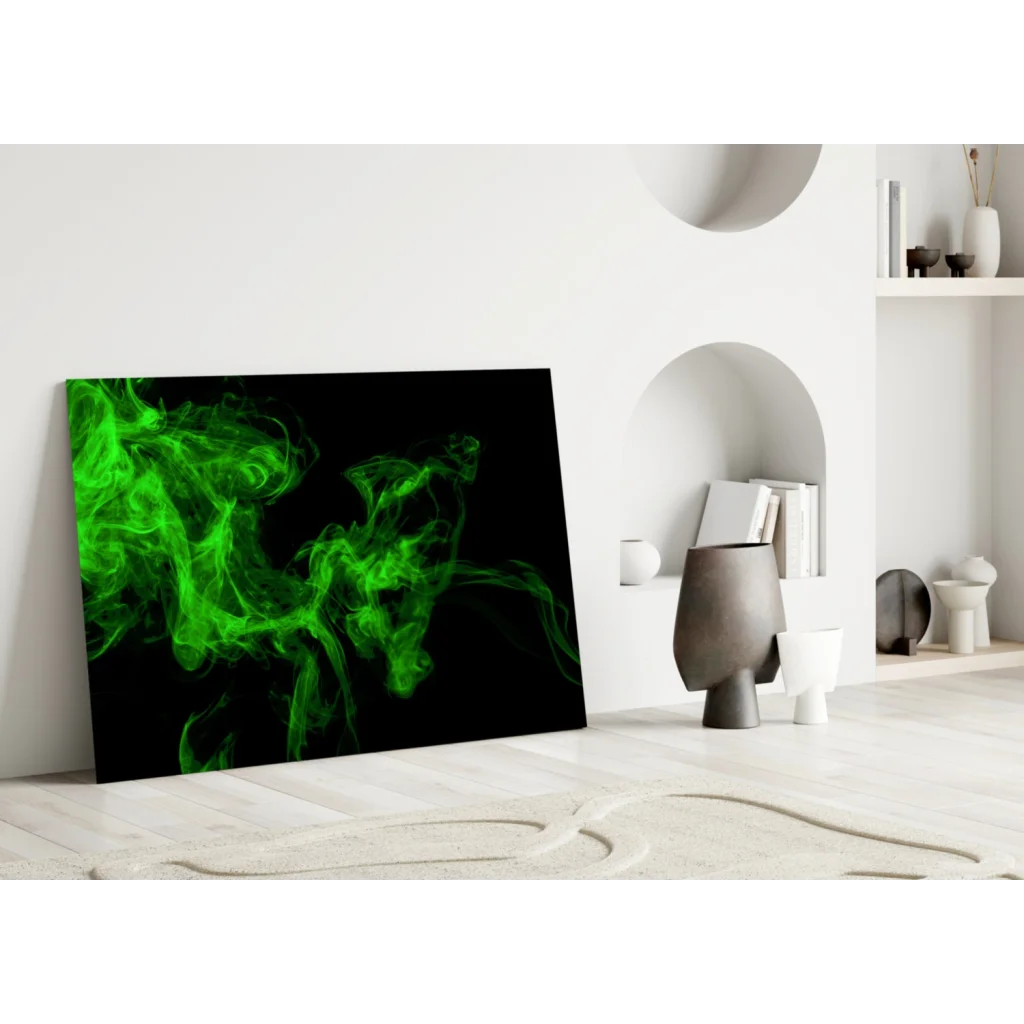 Vibrant neon green smoke glass wall art on black canvas