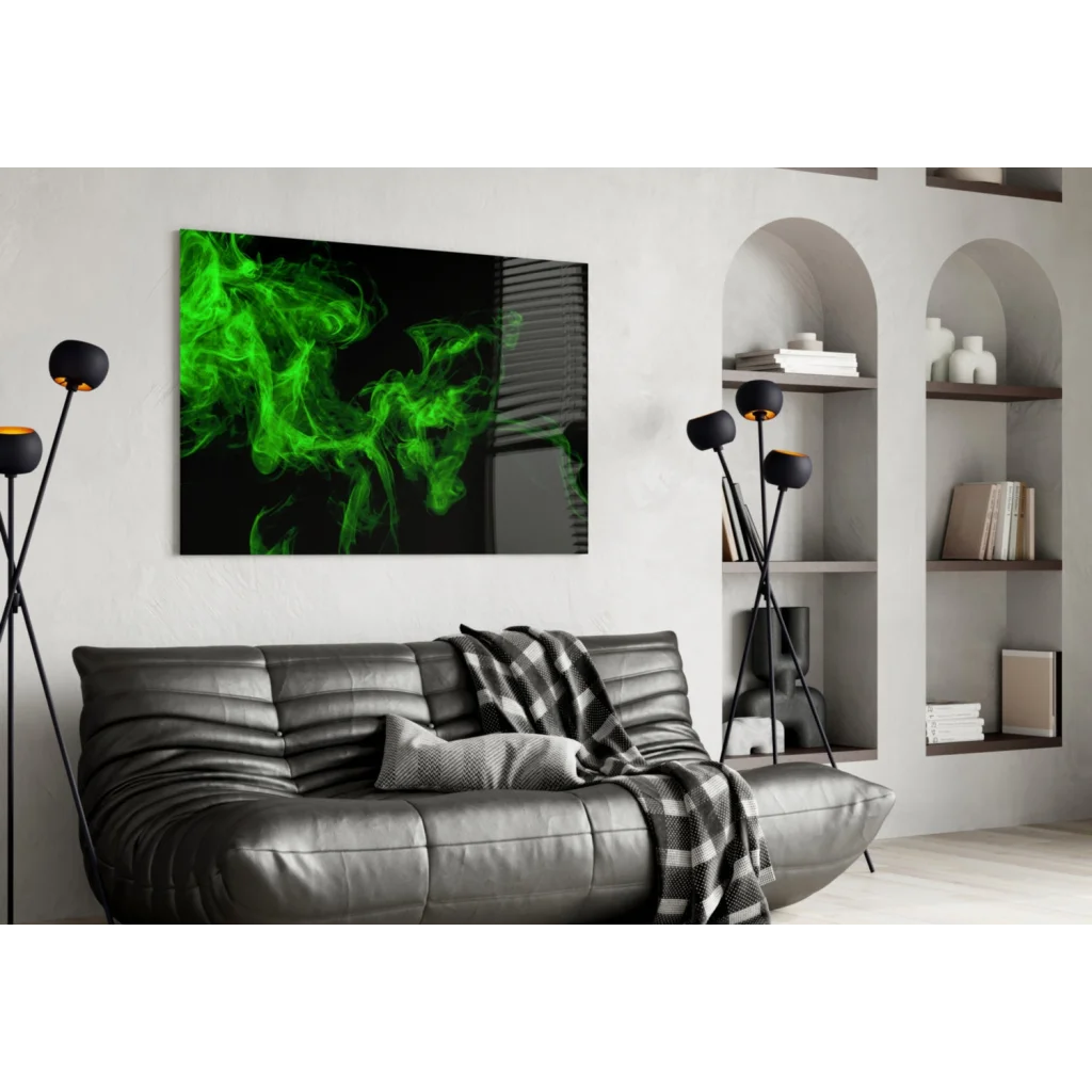 Vibrant neon green smoke glass wall art on sleek black canvas