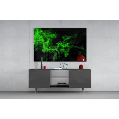 Neon green smoke glass wall art on black canvas with sleek gray console