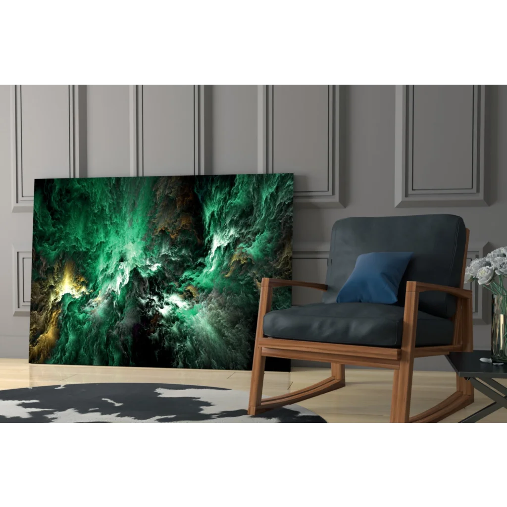 Vibrant emerald and gold nebula on glass wall art with cosmic swirls