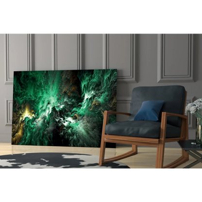 Vibrant emerald and gold nebula on glass wall art with cosmic swirls
