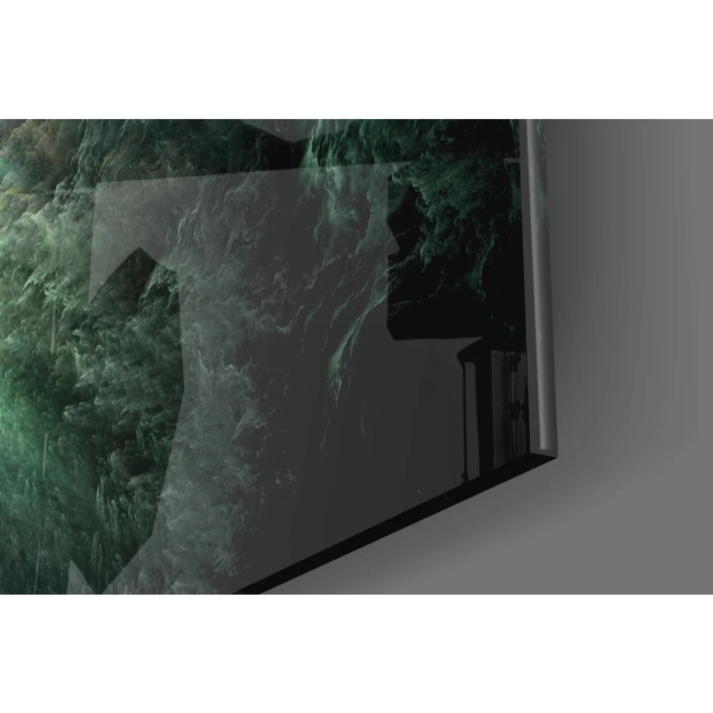 Sleek Emerald Nebula glass wall art with green black swirls and golden cosmic patterns