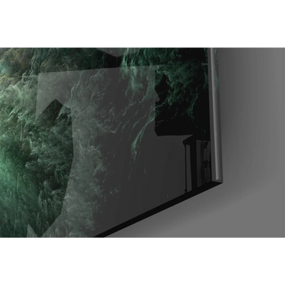 Sleek Emerald Nebula glass wall art with green black swirls and golden cosmic patterns
