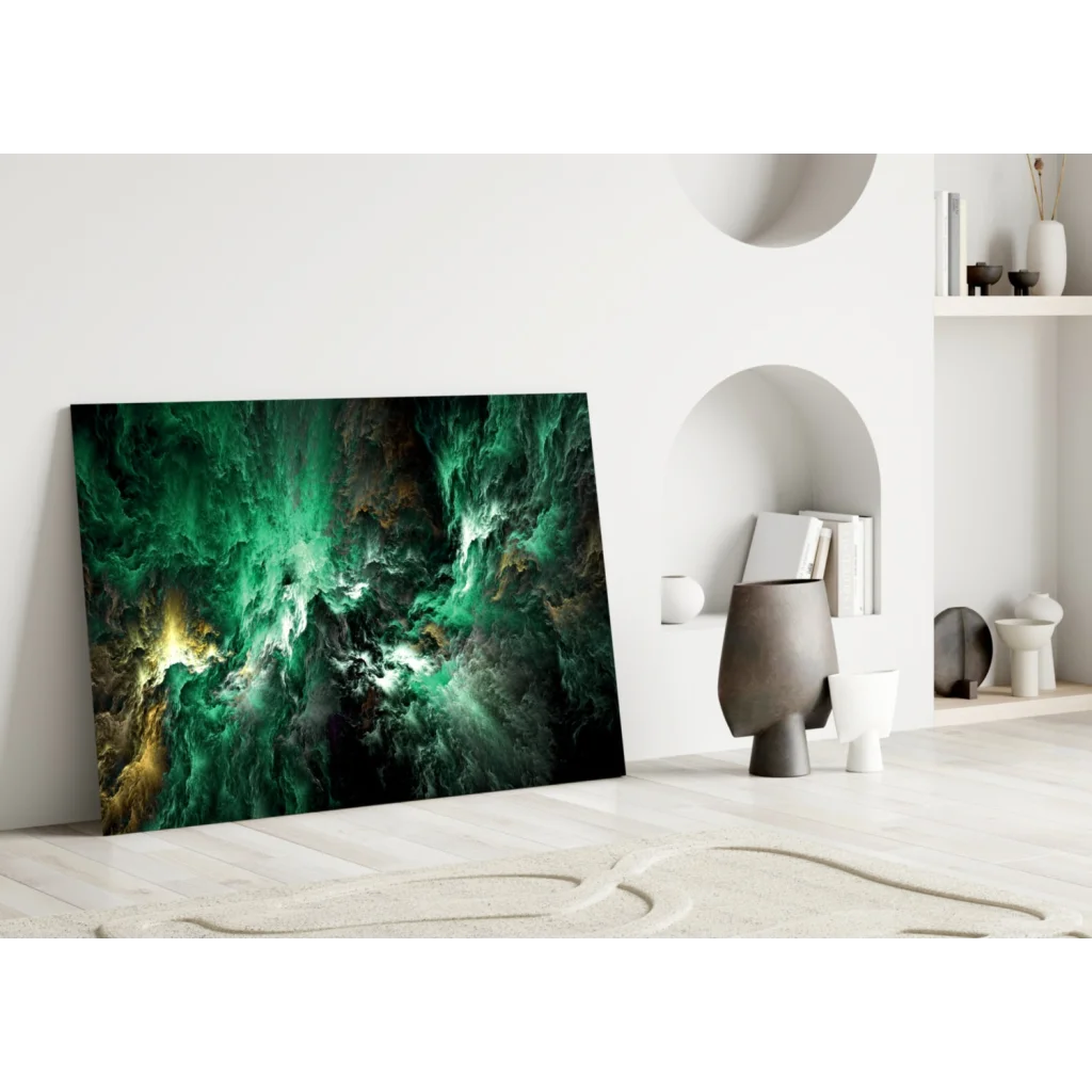 Emerald Nebula Glass Wall Art with Golden Cosmic Swirls | Modern Wall Art Decor | vintageantiquesgifts.com