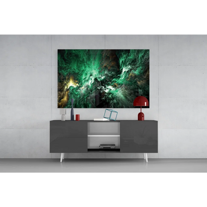 Vibrant emerald nebula glass wall art with golden cosmic swirls on gray console
