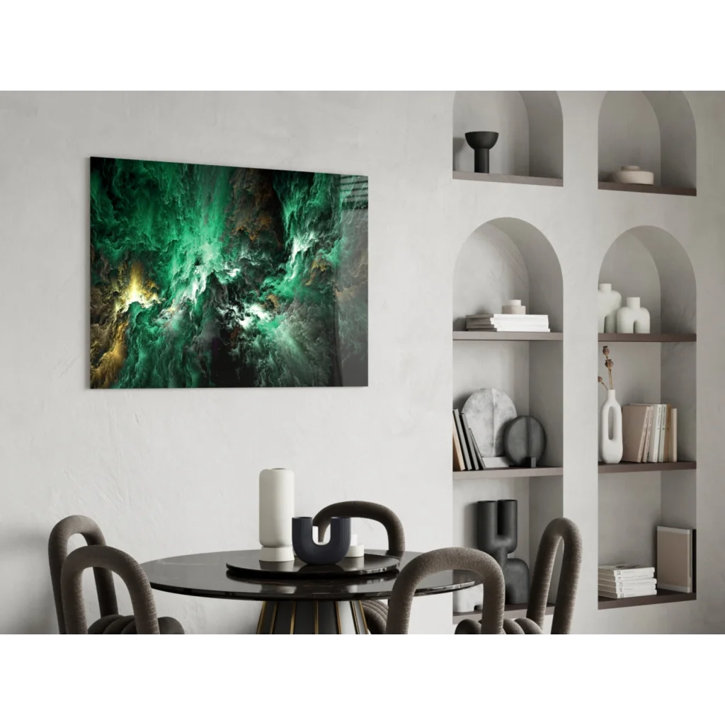 Vibrant emerald nebula glass wall art with golden cosmic swirls