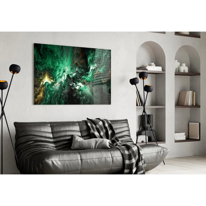 Emerald Nebula Glass Wall Art with Golden Cosmic Swirls | Contemporary Home Wall Art | vintageantiquesgifts.com
