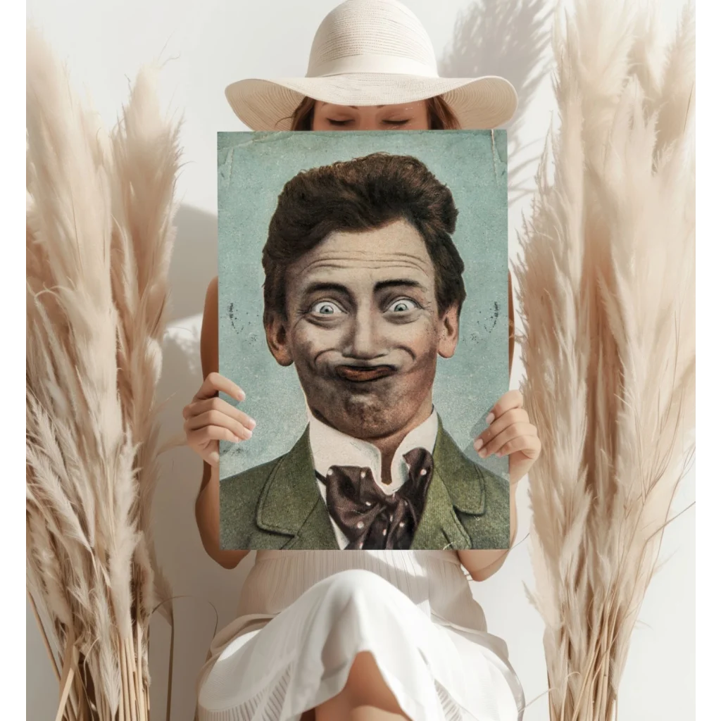 Green suit gentleman canvas print with bow tie, mustache, pampas grass backdrop