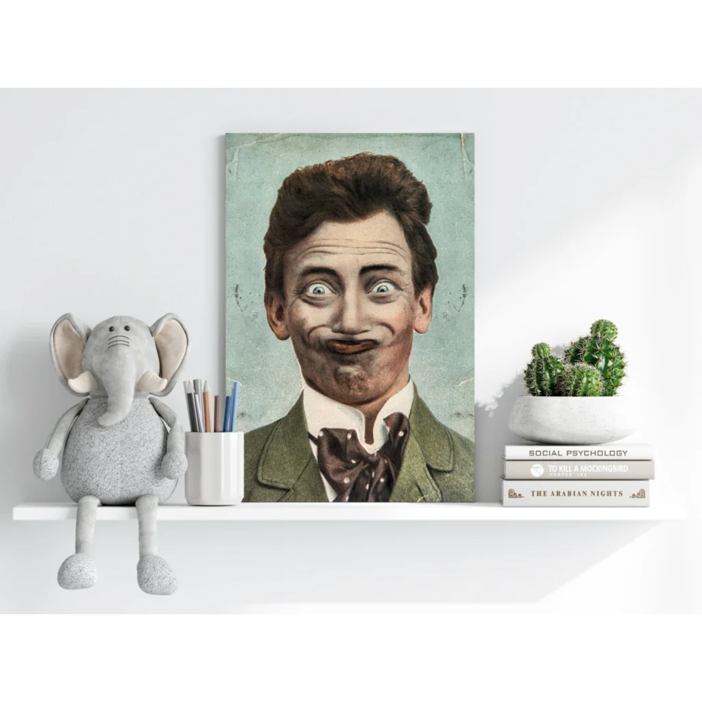 Gray elephant plush toy with floppy ears and trunk on white shelf